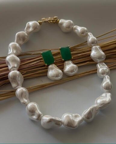 925 Ayar Gümüş Barok İnci Zümrüt Set