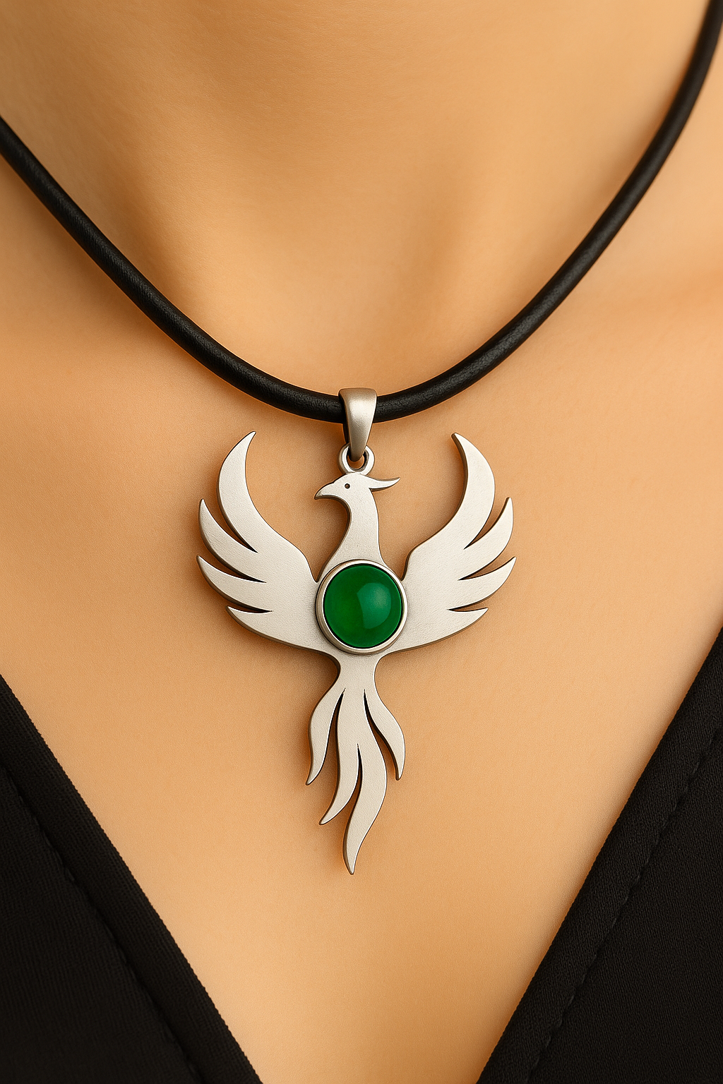 925 Ayar Gümüş Anka Zümrüt Deri Kolye