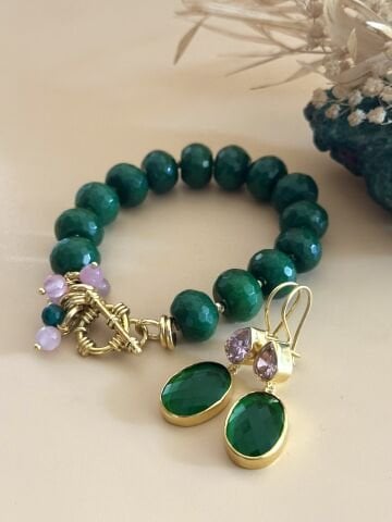 925 Ayar Gümüş Yeşim Pembe Kuvars Küpe ve Bileklik