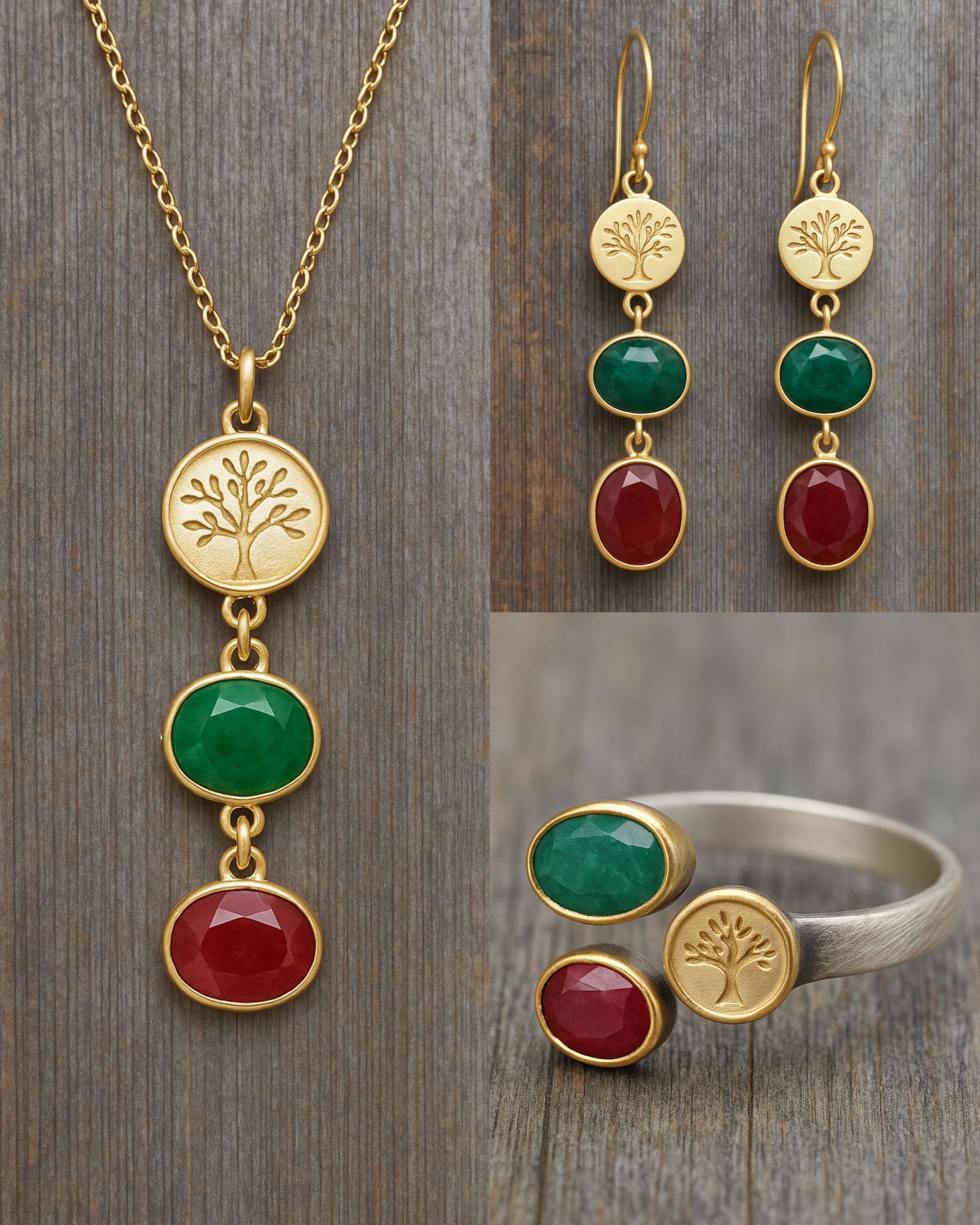 Doğaltaş Gümüş Hayat Ağacı Yakut Zümrüt Set