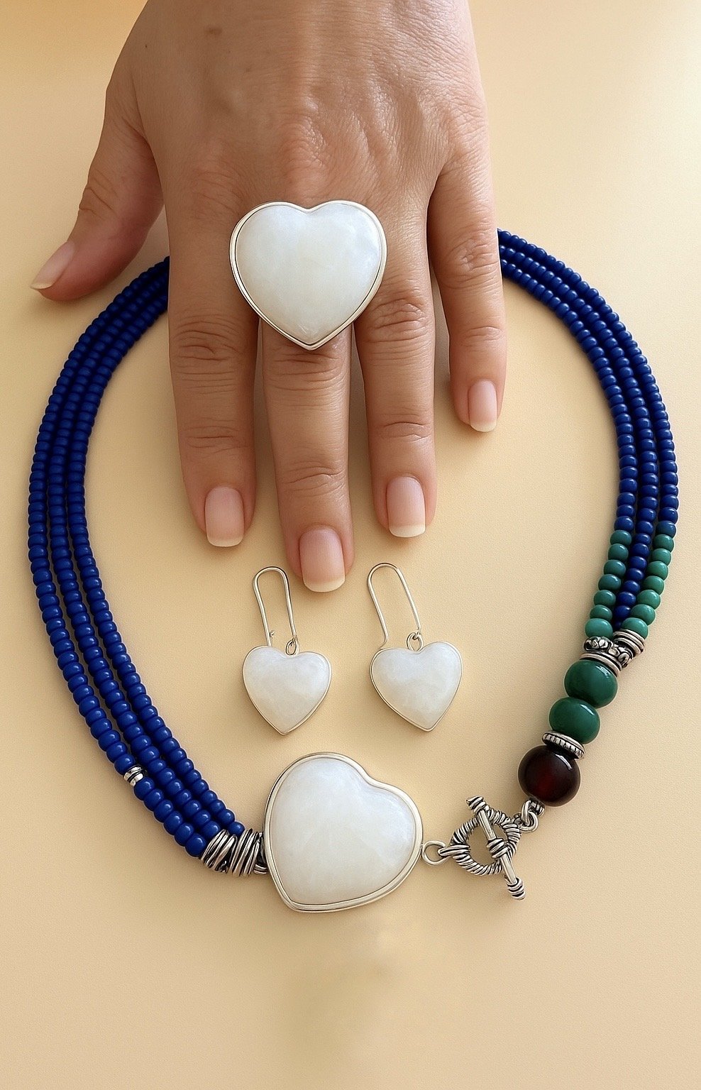 Doğaltaş Gümüş Aytaşı Kalp Mavi Akik Set