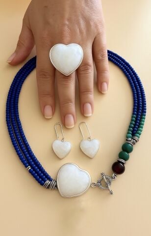 Doğaltaş Gümüş Aytaşı Kalp Mavi Akik Set