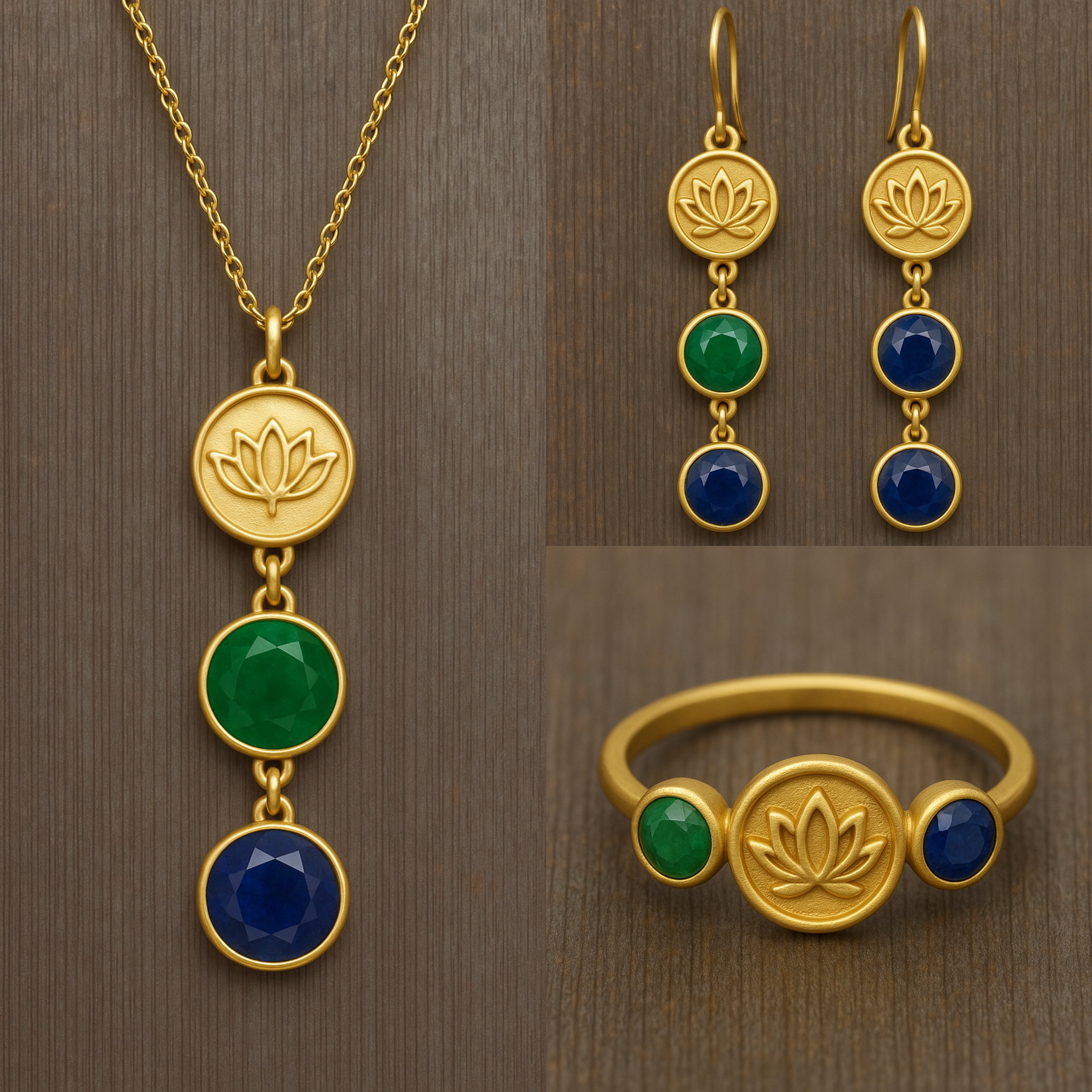 925 Ayar Gümüş Lotus Çiçeği Zümrüt Safir Taşlı Set
