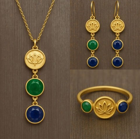 925 Ayar Gümüş Lotus Çiçeği Zümrüt Safir Taşlı Set