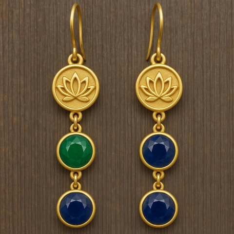 925 Ayar Gümüş Lotus Çiçeği Zümrüt Safir Taşlı Set