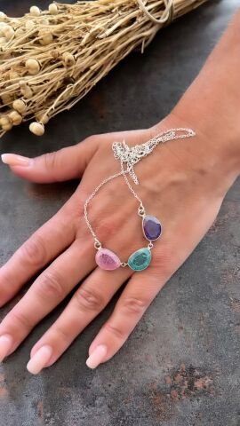 925 Ayar Gümüş Pembe Kuvars Ametist Yeşim Taşlı Zincir Kolye