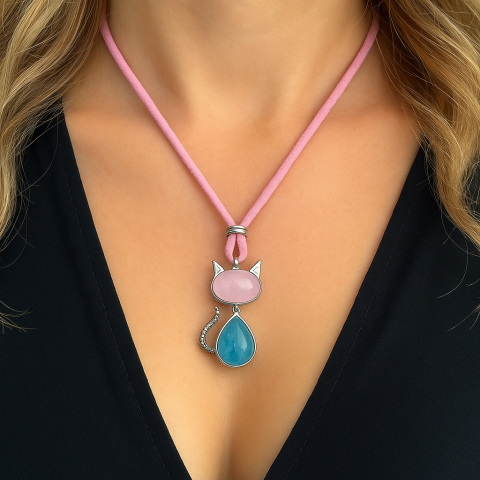 925 Ayar Gümüş Pembe Kuvars Akuamarin Kedi Kolye