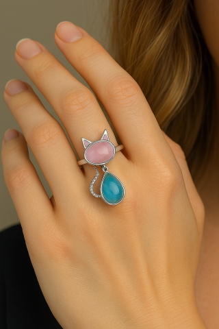 925 Ayar Gümüş Kedi Pembe Kuvars Akuamarin Yüzük