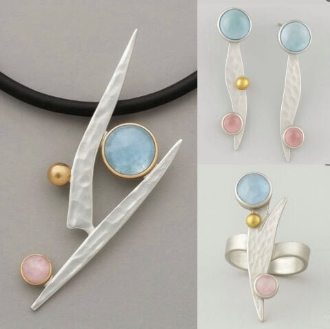 925 Ayar Gümüş Pembe Kuvars Akuamarin Set