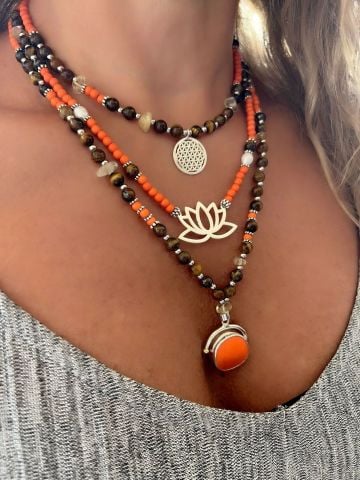 Doğaltaş Gümüş Yaşam Çiçeği Lotus Çiçeği Somon Mercan Kaplangözü Sitrin Taşlı Set