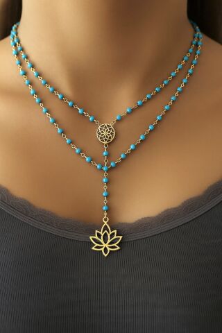 925 Ayar Gümüş Turkuaz Lotus Mandala Kolye Kombin