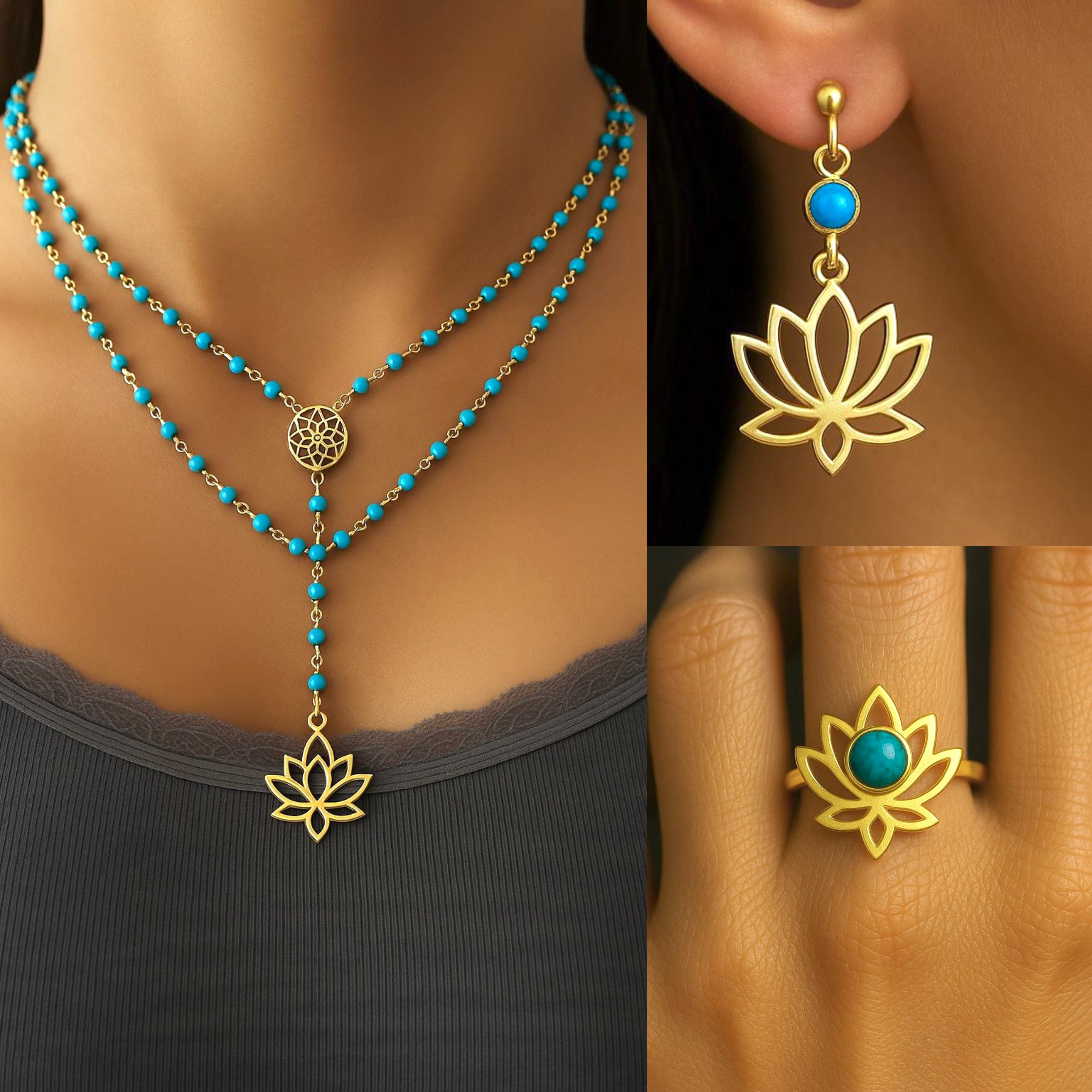 925 Ayar Gümüş Lotus Turkuaz Set