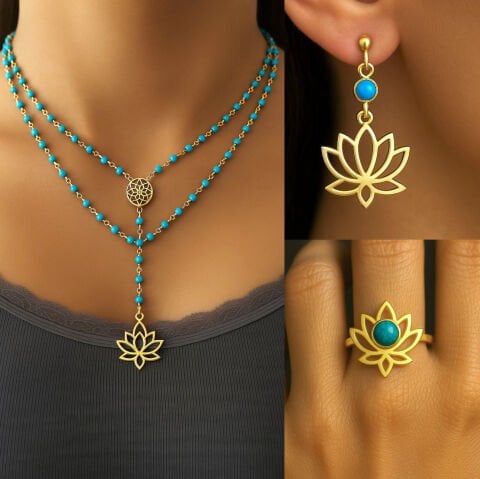 925 Ayar Gümüş Lotus Turkuaz Set