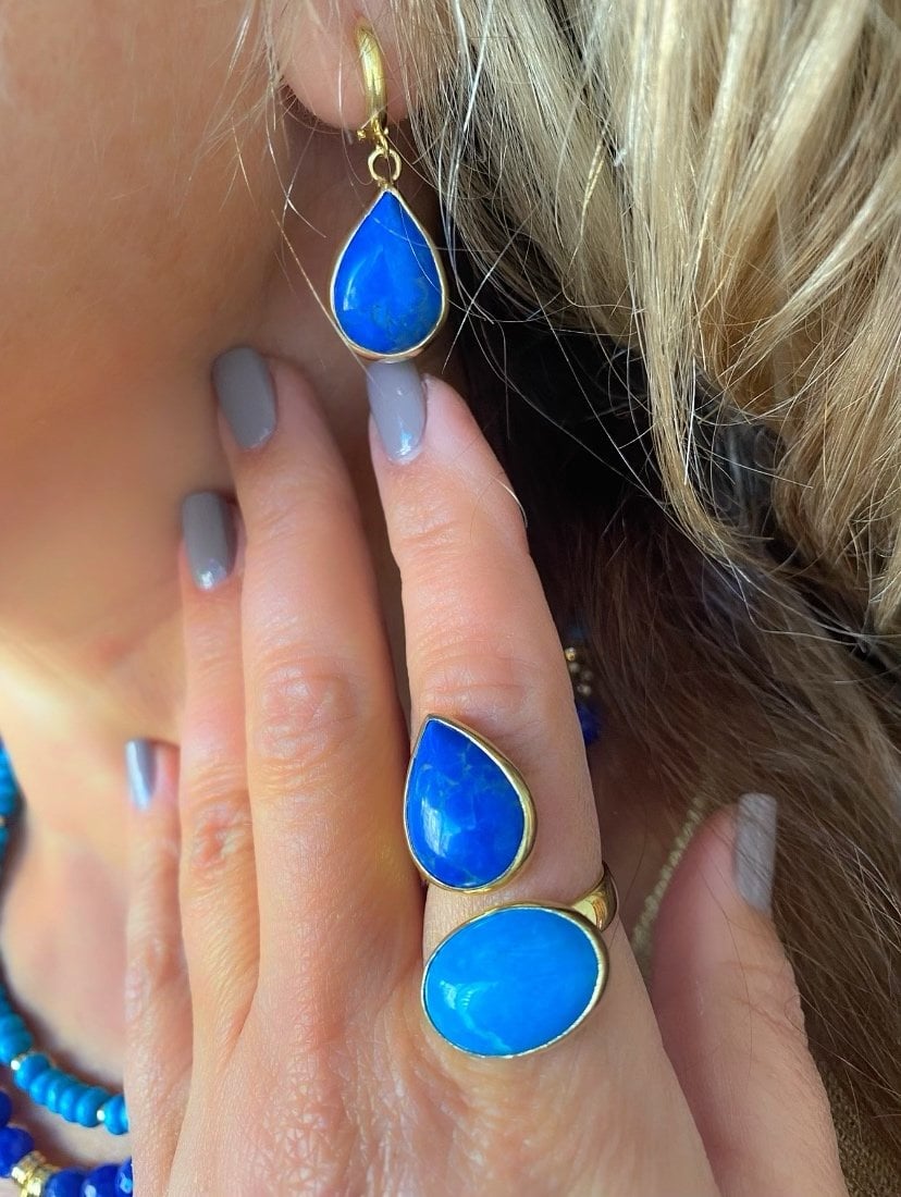 925 Ayar Gümüş Gold Kaplama Lapislazuli Turkuaz Küpe