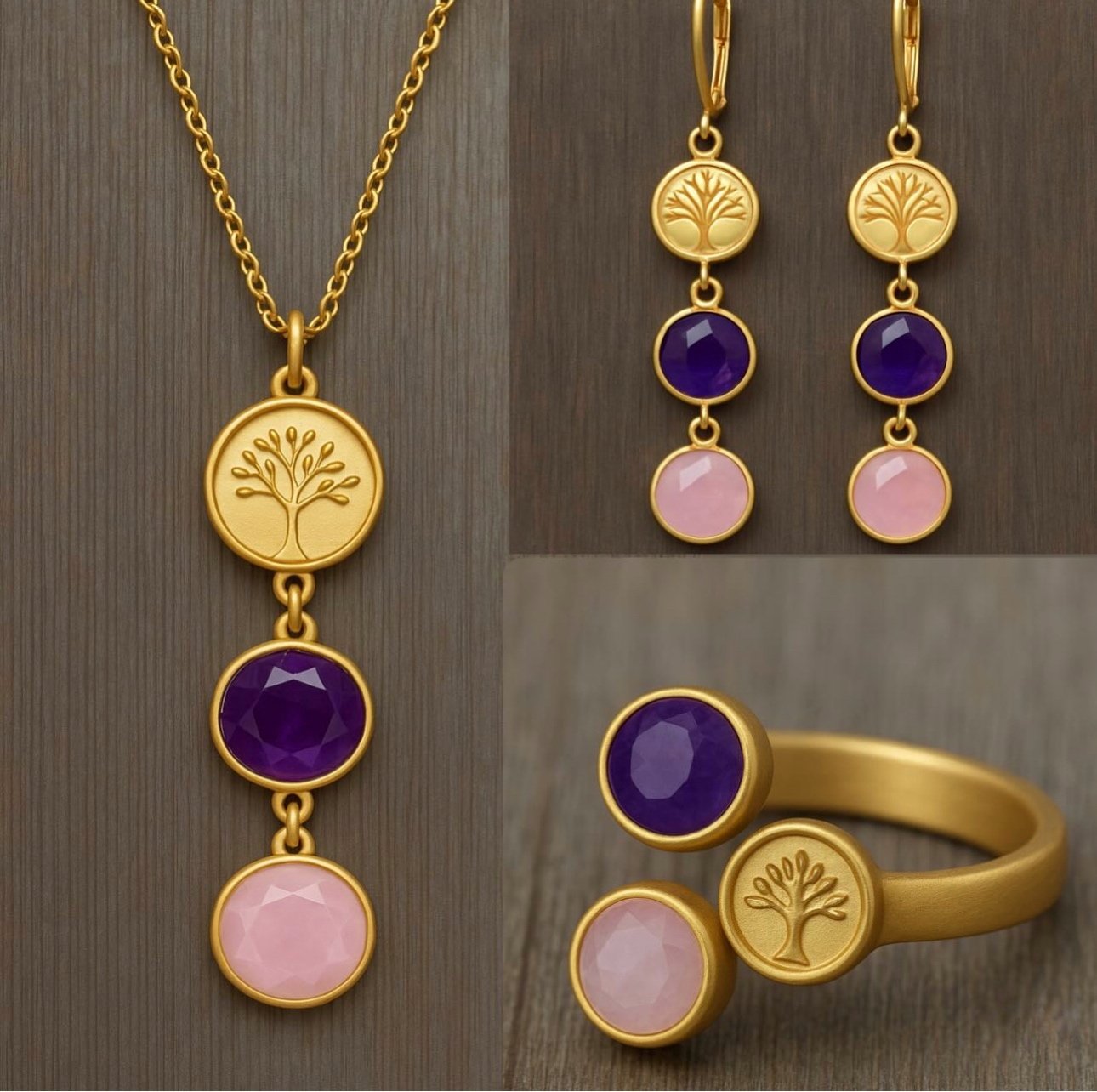 925 Ayar Gümüş Ametist Pembe Kuvars Set