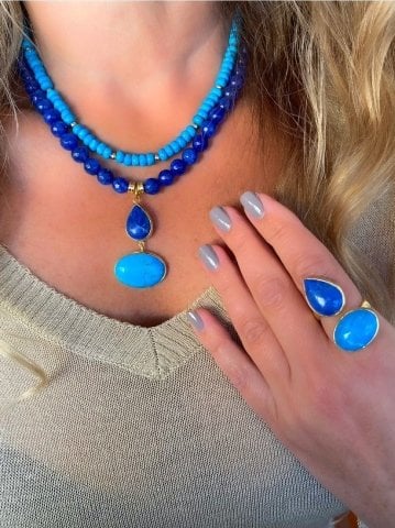 Doğaltaş Gümüş Gold Kaplama Lapislazuli Turkuaz Taşlı Set