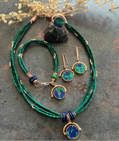 Doğaltaş Gümüş Rose Malakit Taşlı Kolye Bileklik Yüzük Küpe Set