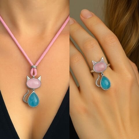 925 Ayar Gümüş Pembe Kuvars Akuamarin Taşlı Kolye Yüzük Set