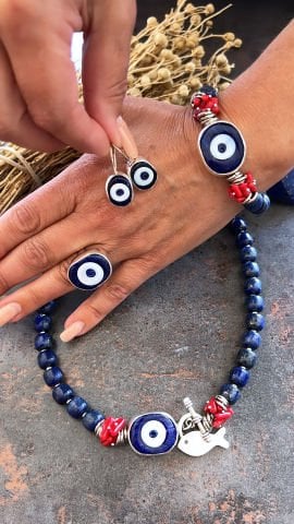 Doğaltaş Gümüş Nazar Lapislazuli Set