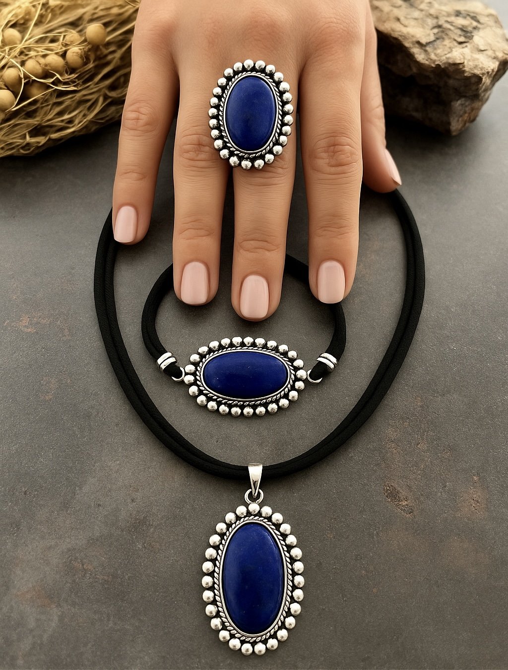 925 Ayar Gümüş Lapislazuli İp Güderi Kolye