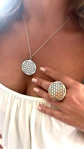 925 Ayar Gümüş Özel Tasarım El İşi Yaşam Çiçeği Zincir Kolye ve Yüzük Set