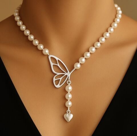 925 Ayar Gümüş Kelebek İnci Kolye