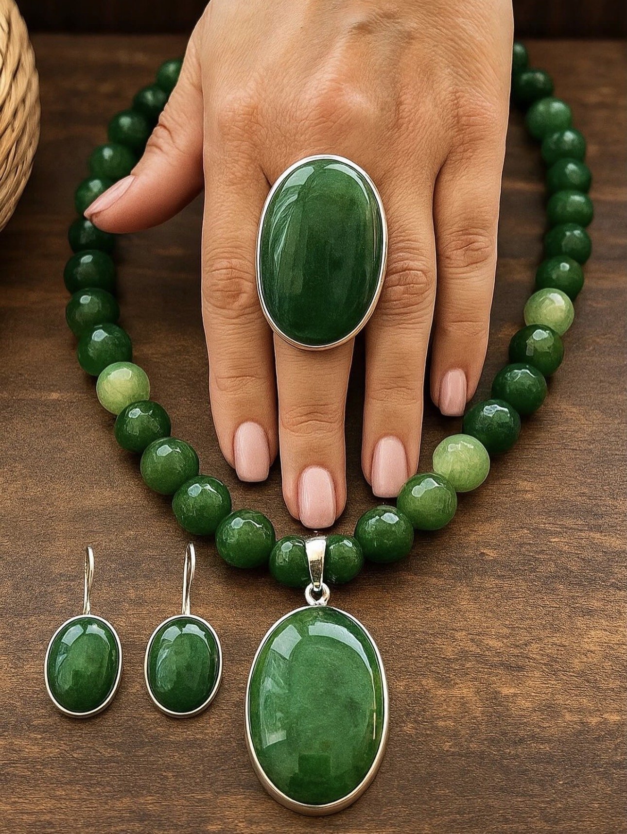 Doğaltaş Gümüş Yeşim Taşlı Set