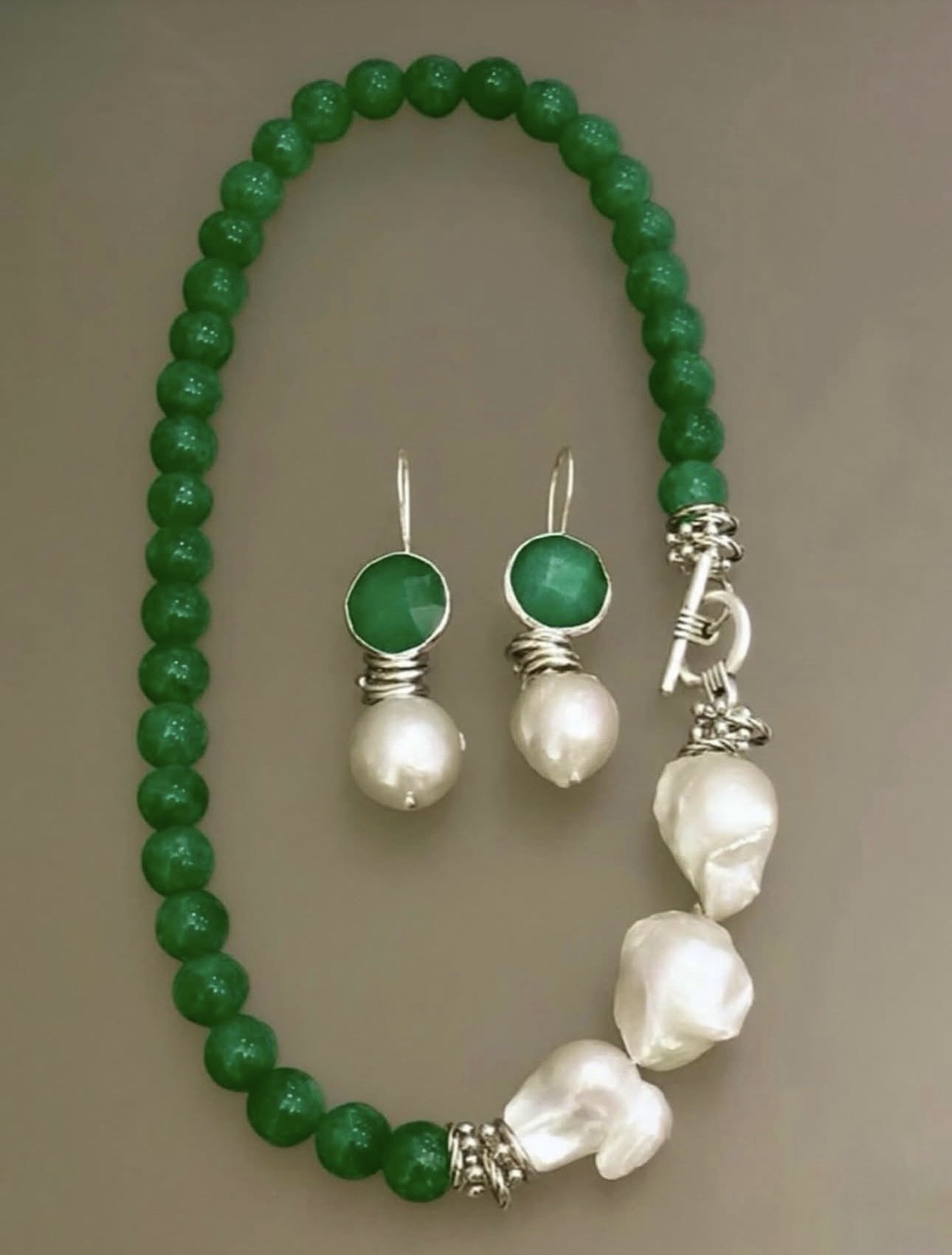 925 Ayar Gümüş Yeşim Barok İnci Küpe Kolye Set