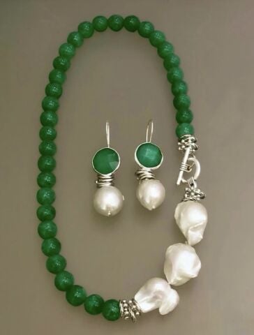 925 Ayar Gümüş Yeşim Barok İnci Küpe Kolye Set