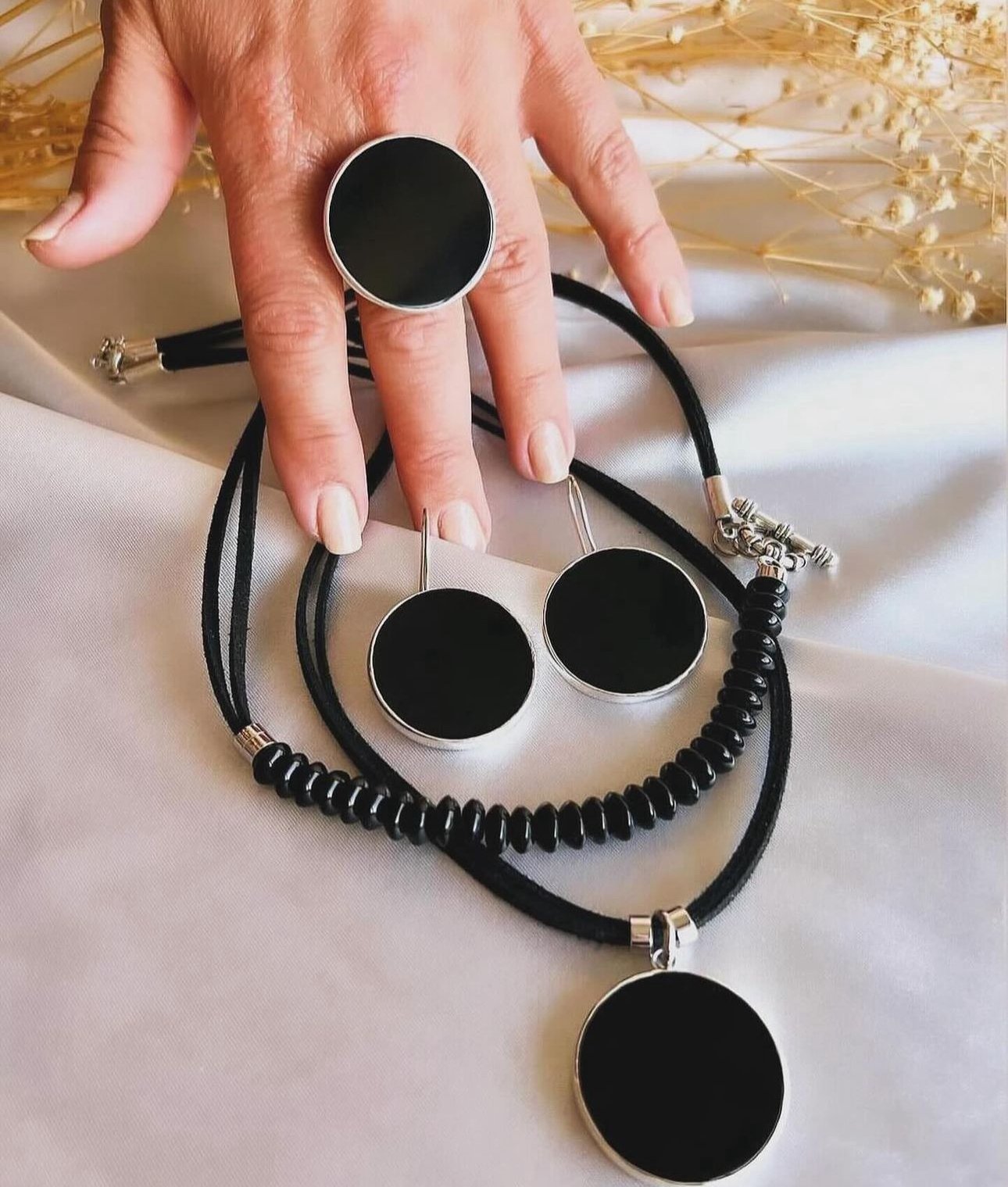 Doğaltaş Gümüş Onix Taşlı Set