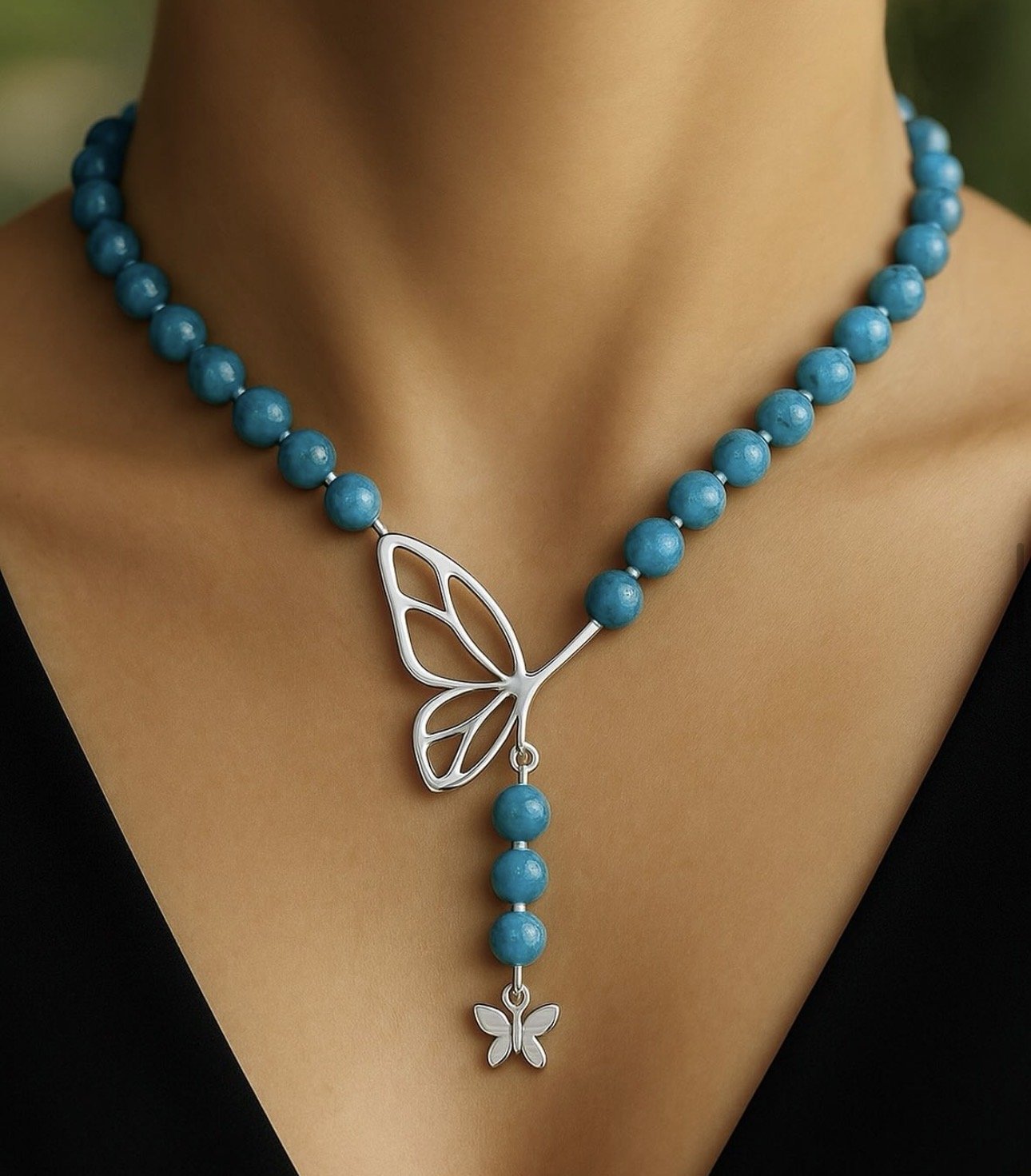 925 Ayar Gümüş Kelebek Mavi Kuvars Kolye