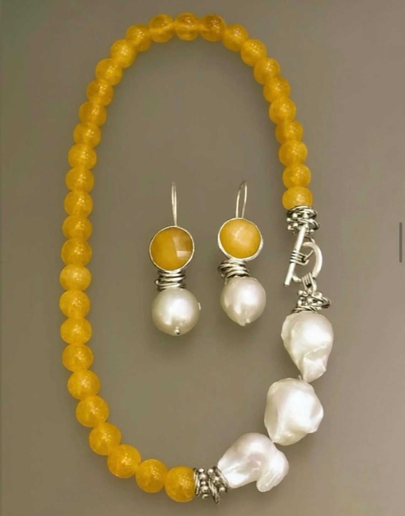 925 Ayar Gümüş Sitrin Barok İnci Küpe Kolye Set