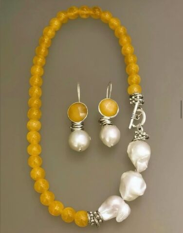 925 Ayar Gümüş Sitrin Barok İnci Küpe Kolye Set