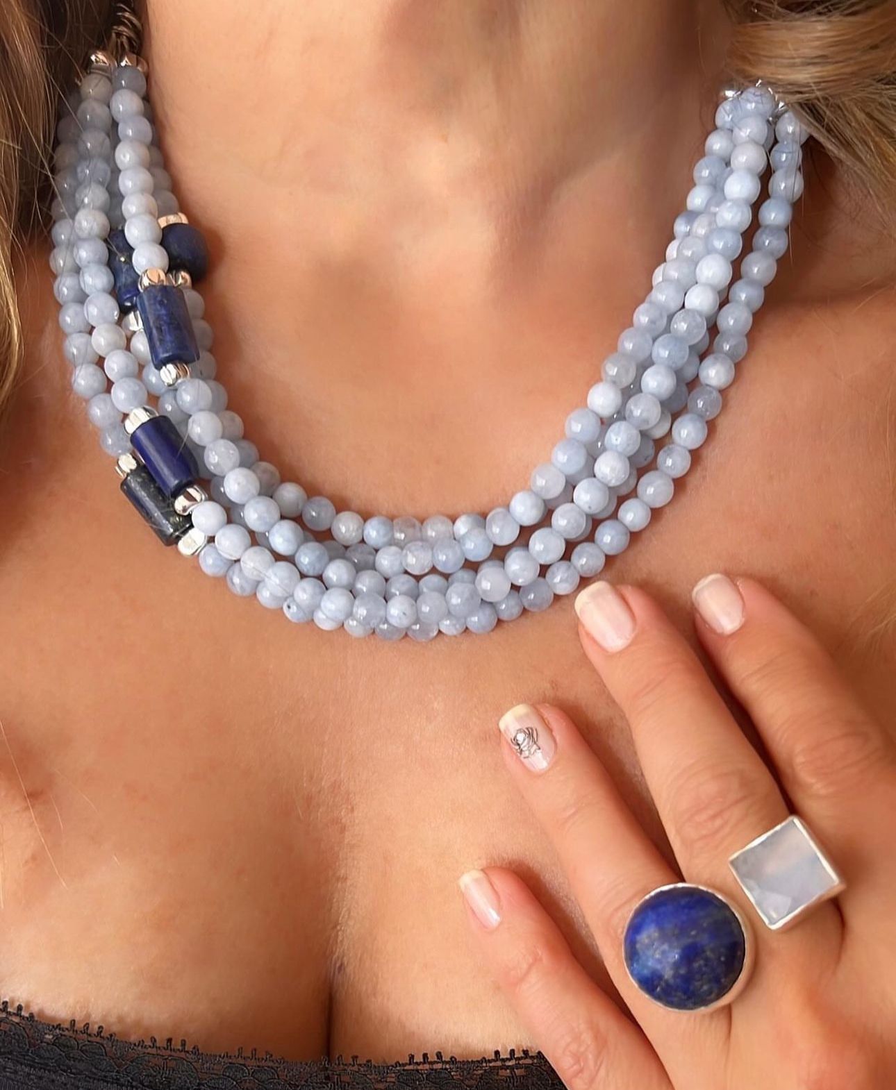 Doğaltaş Gümüş Kalsedon Lapislazuli Taşlı Set