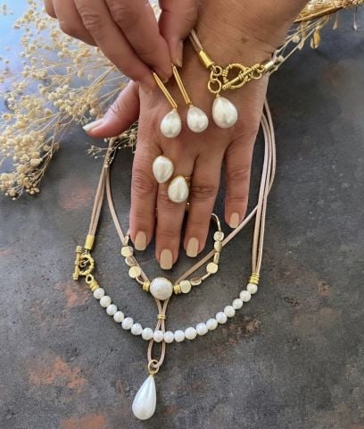 Doğaltaş Gümüş Gold Kaplama İnci Set