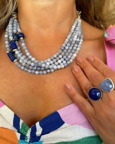 925 Ayar Gümüş Kalsedon Lapislazuli Taşlı Yüzük