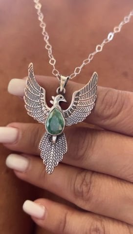 925 Ayar Gümüş Özel Tasarım El İşi Kök Zümrüt Taşlı Anka Kuşu Kolye