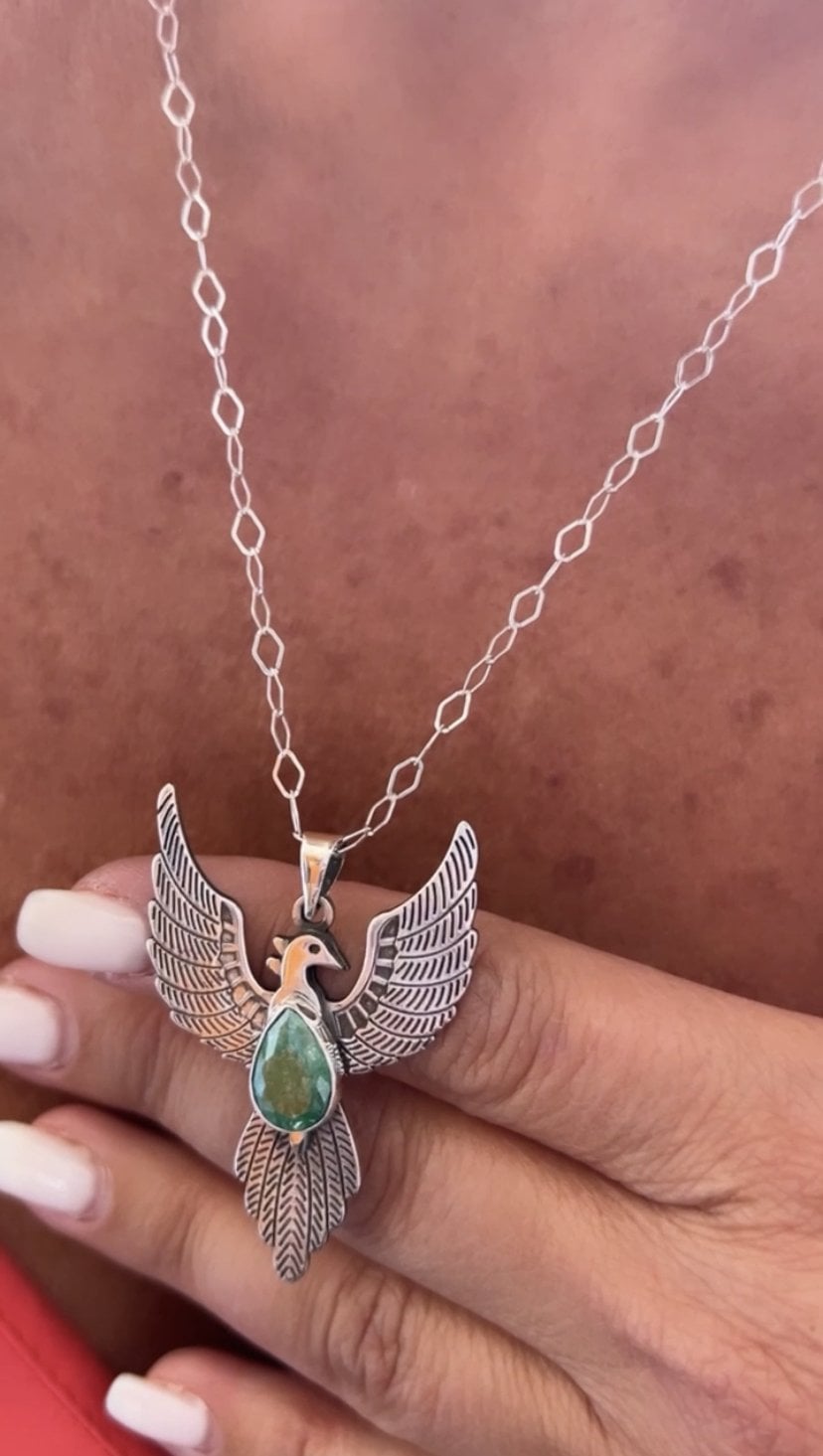 925 Ayar Gümüş Özel Tasarım El İşi Kök Zümrüt Taşlı Anka Kuşu Kolye