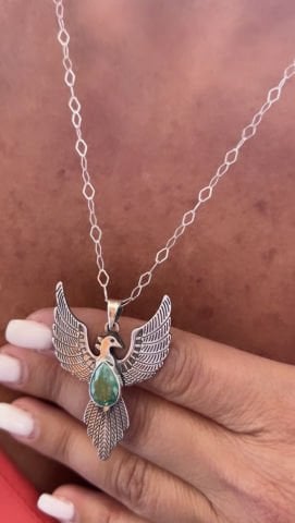 925 Ayar Gümüş Özel Tasarım El İşi Kök Zümrüt Taşlı Anka Kuşu Kolye