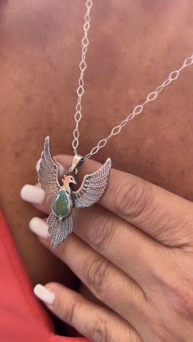 925 Ayar Gümüş Özel Tasarım El İşi Kök Zümrüt Taşlı Anka Kuşu Kolye