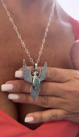 925 Ayar Gümüş Özel Tasarım El İşi Kök Zümrüt Taşlı Anka Kuşu Kolye