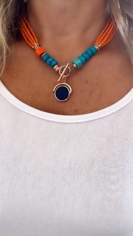 925 Ayar Gümüş Mavi Kuvars Somon Mercan Kolye