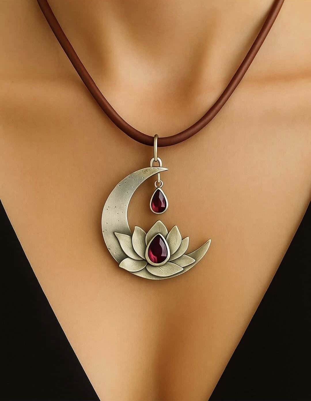 925 Ayar Gümüş Ay Lotus Çiçeği Lal Taşlı Kolye