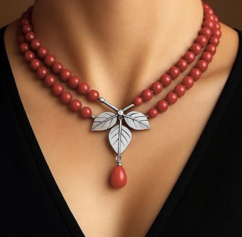 925 Ayar Gümüş Yaprak Mercan Kolye