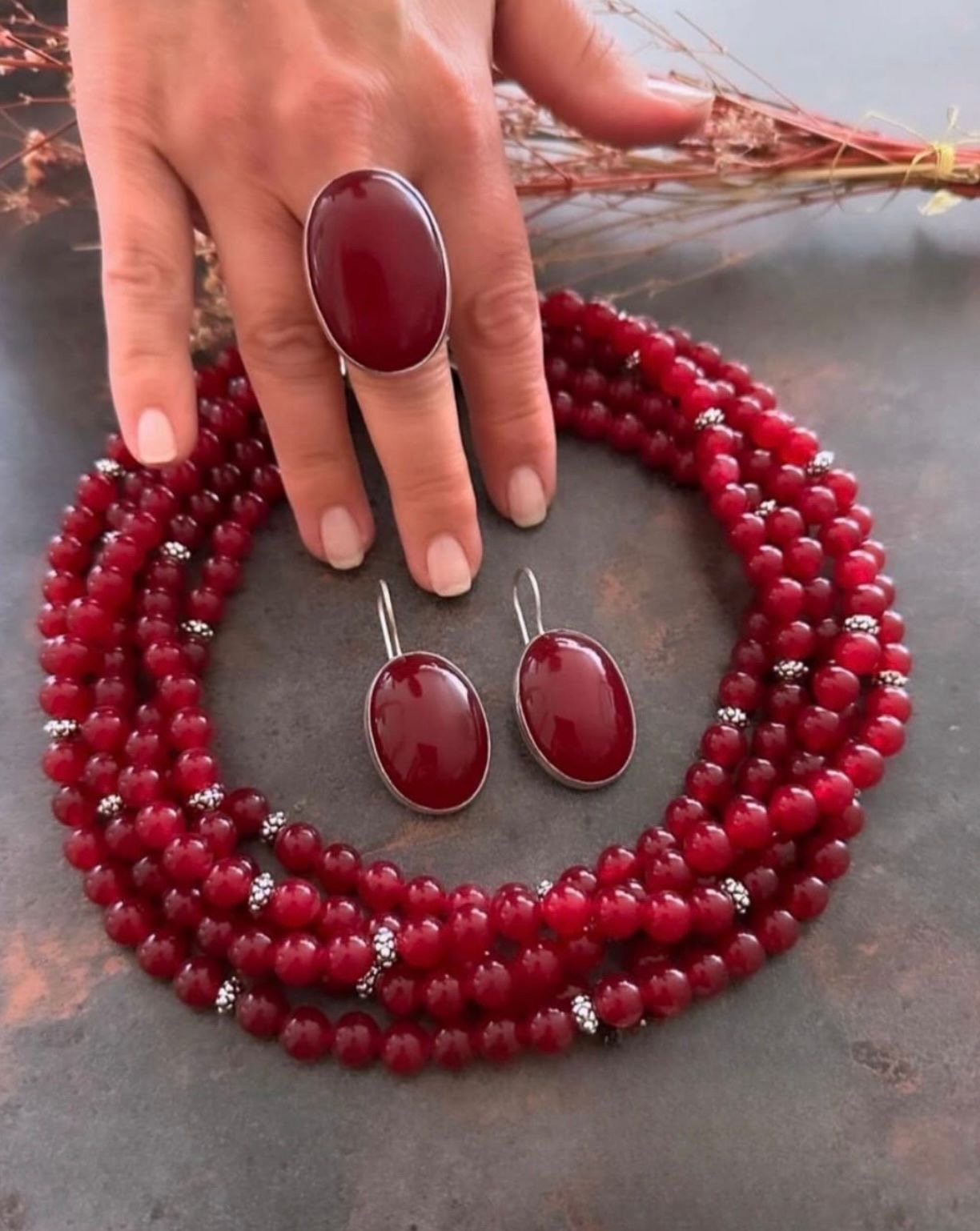 Doğaltaş Gümüş Lal Taşlı Set