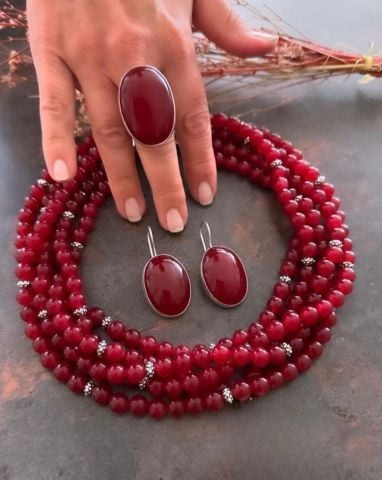 Doğaltaş Gümüş Lal Taşlı Set