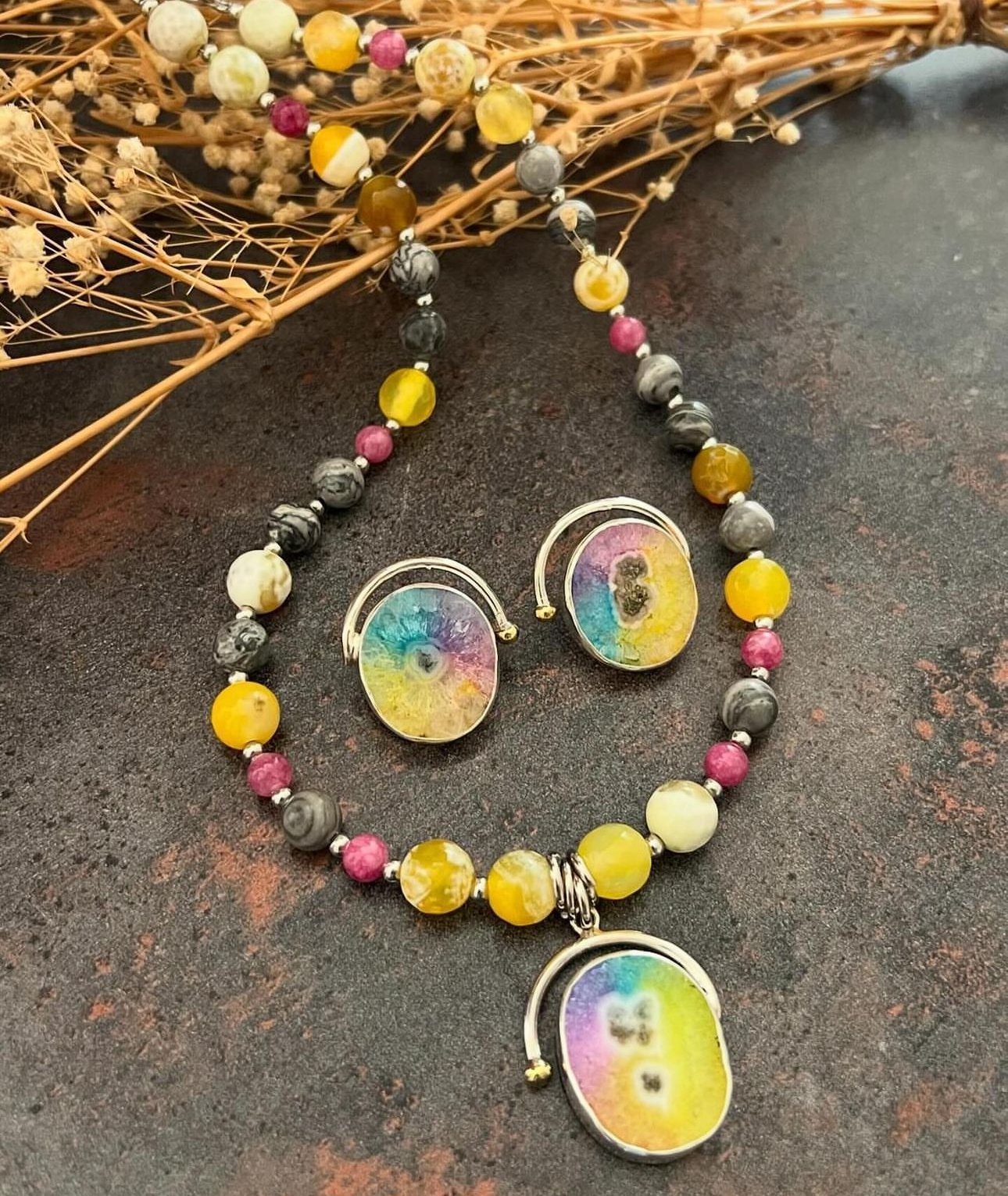 925 Ayar Gümüş Renkli Agat Küpe