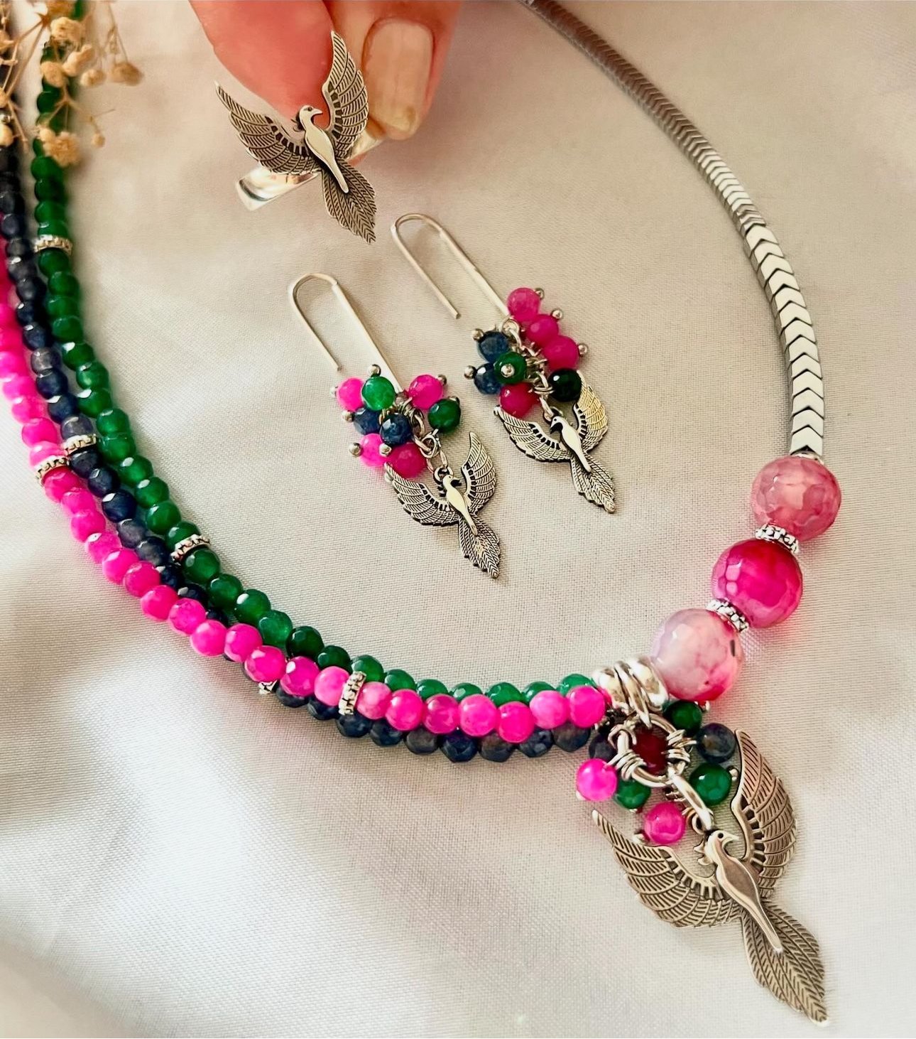925 Ayar Gümüş Anka Kuşu Pembe Agat Yeşim Kuvars Kolye