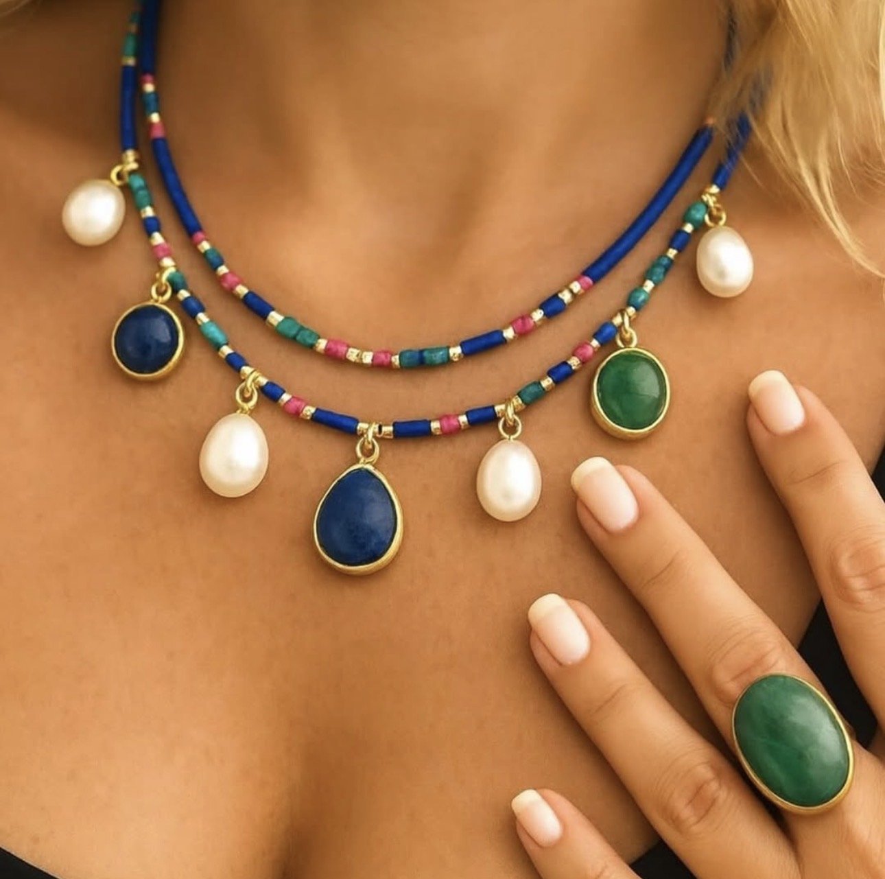 Doğaltaş Gümüş Lapislazuli Yeşim İnci Set