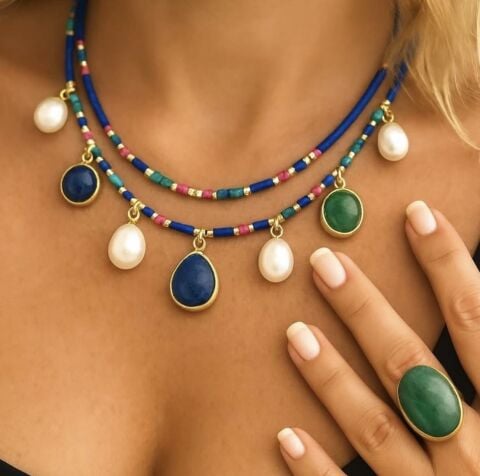 Doğaltaş Gümüş Lapislazuli Yeşim İnci Set